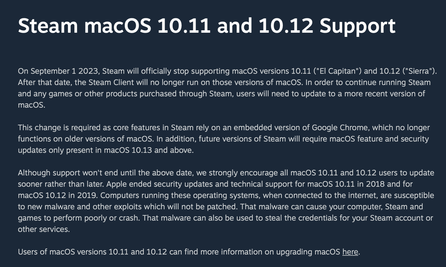 Steam 今年 9 月停止支持苹果 macOS 10.11 / 10.12 版本