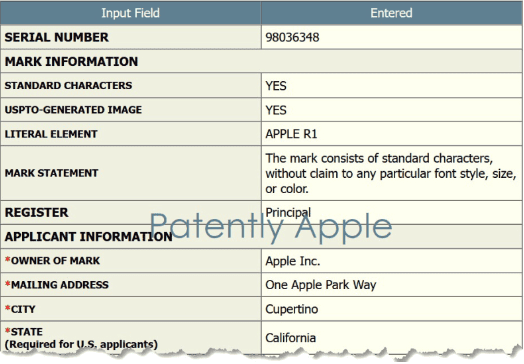苹果申请包括 Apple R1、Spatial Memori