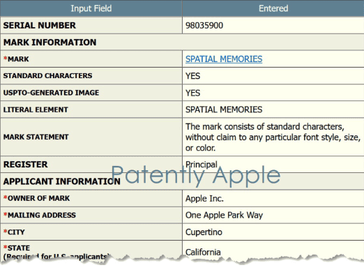 苹果申请包括 Apple R1、Spatial Memori