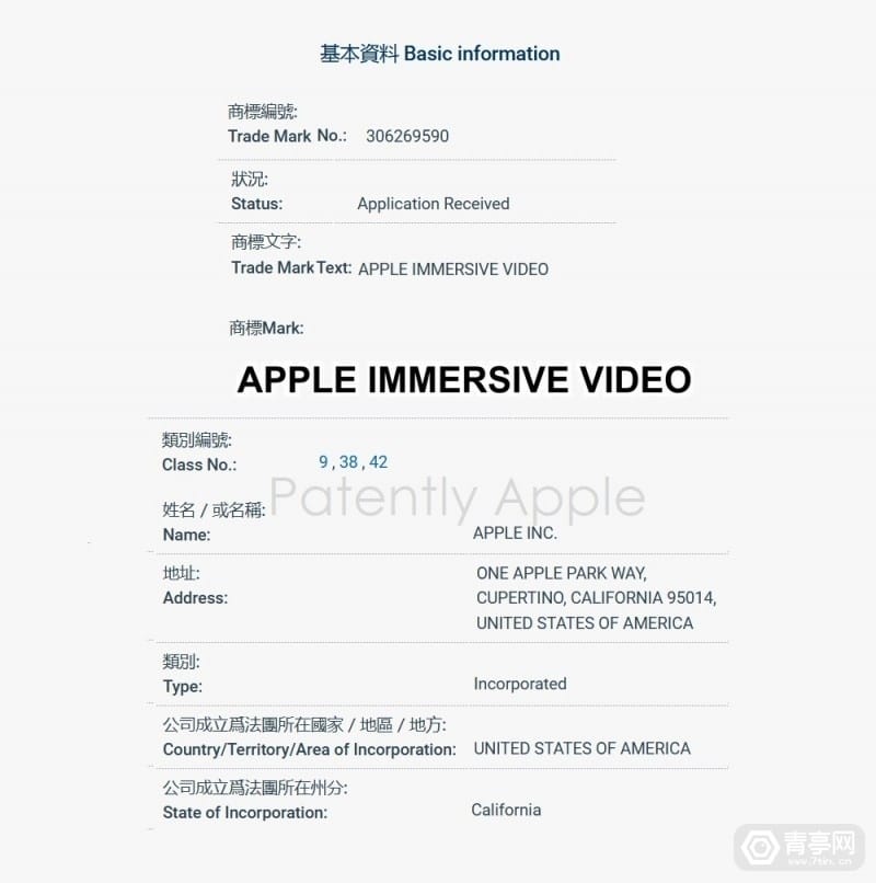 苹果在香港申请“Apple Immersive Video”等商标