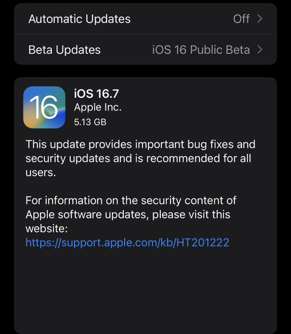苹果发布 iOS 16.7/iPadOS 16.7 RC