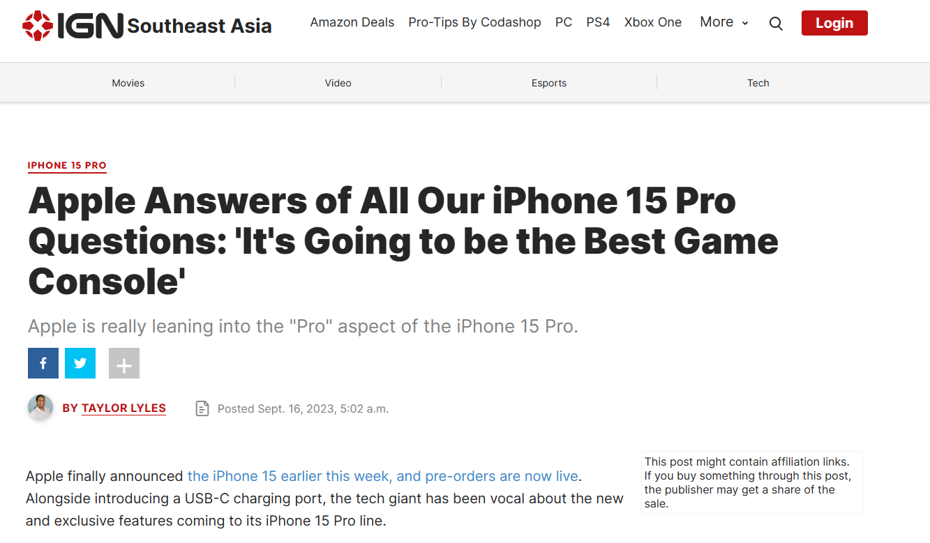 苹果高管接受 IGN 采访：iPhone 15 Pro 将成为“最好的游戏机”