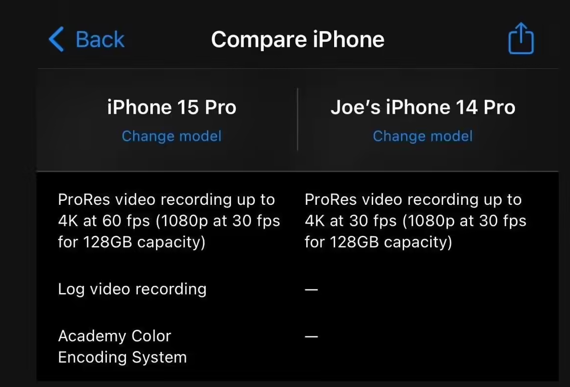 苹果 iPhone 15 Pro 128GB 版只支持 1080p ProRes 视频录制，除非外接存储设备
